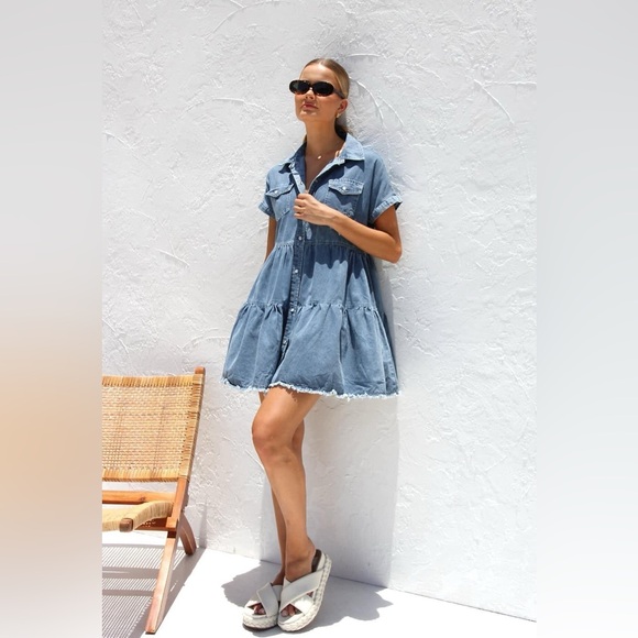 FRAYED HEM COLLARED DENIM MINI DRESS - Picture 2 of 12